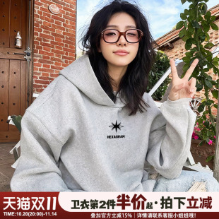 美式 街头风设计感潮牌灰色连帽卫衣女oversize宽松显瘦重磅上衣薄