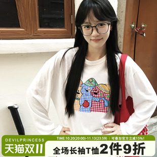 ulzzang小众可爱风减龄卡通印花白色长袖t恤女早秋新款宽松上衣潮