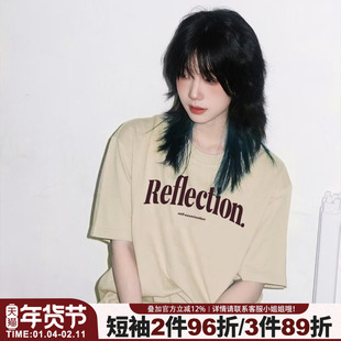 美式休闲风字母印花浅卡其短袖t恤女宽松大版古着感纯棉正肩上衣