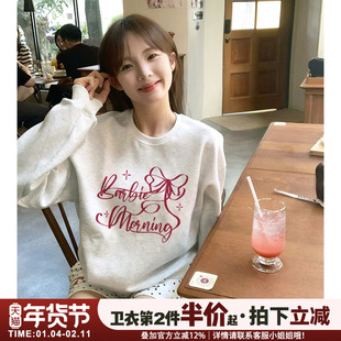 chic韩系温柔风花灰色卫衣女2025新款宽松通勤秋冬加绒款套头上衣