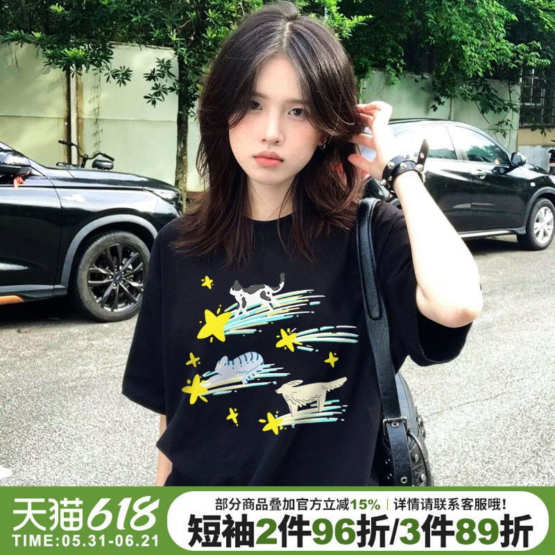 chic小众韩系慵懒风可爱流星猫印花短袖t恤女宽松百搭纯棉上衣夏