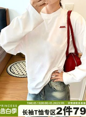 美式高级感小众超火白色长袖t恤女简约风小众ins潮牌宽松重磅上衣