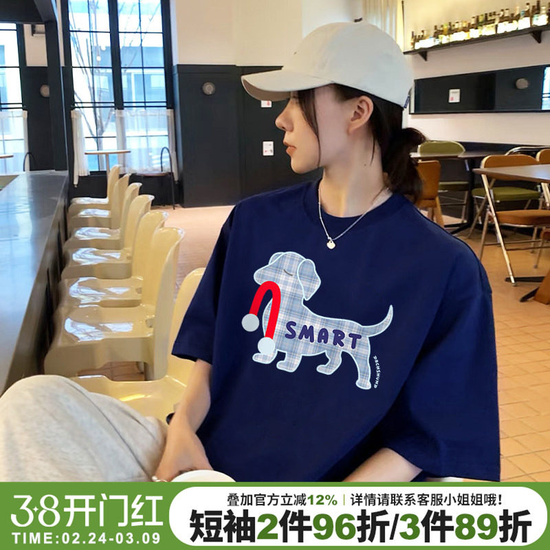 美式学院风超火腊肠狗印花藏蓝色短袖t恤女宽松chic高级感上衣潮