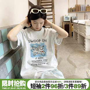 韩系慵懒风通勤百搭花灰色短袖t恤女宽松正肩卡通狗狗印花上衣夏