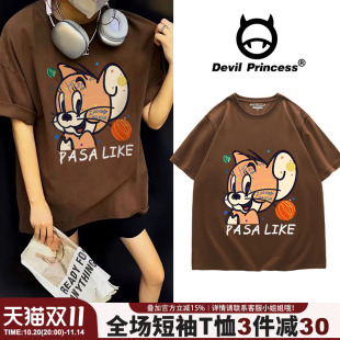 新款 女t恤2025夏季 正肩上衣潮 复古风卡通潮牌咖啡色短袖 欧货大版