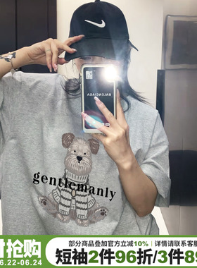 美式休闲风卡通狗狗印花灰色短袖t恤女大版宽松显瘦重磅半袖上衣