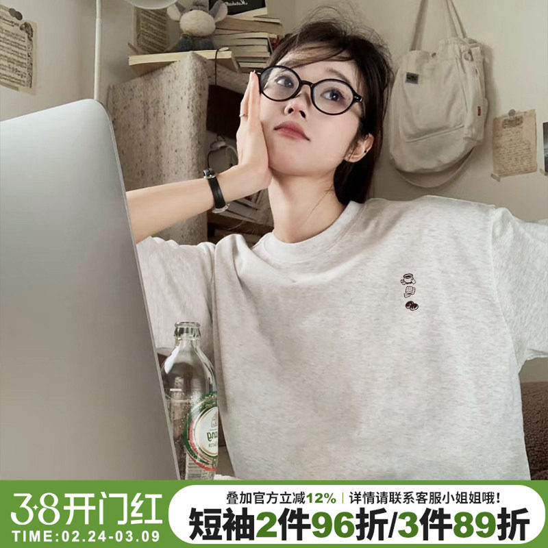 2026新款简约风休闲百搭纯棉花灰色短袖t恤女韩系复古半袖上衣夏