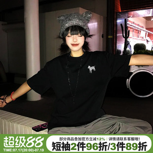 美式街头风潮牌斑点狗印花黑色短袖t恤女大版显瘦重磅半袖上衣夏