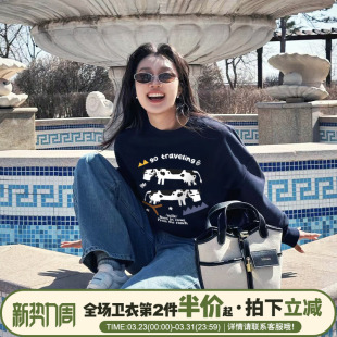 超火ins风设计感超显白藏蓝色无帽卫衣女宽松通勤百搭薄款上衣潮