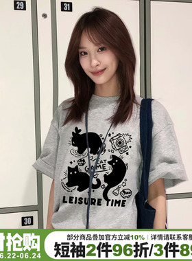 美式休闲风小众设计猫咪印花灰色短袖t恤女大版显瘦重磅半袖上衣