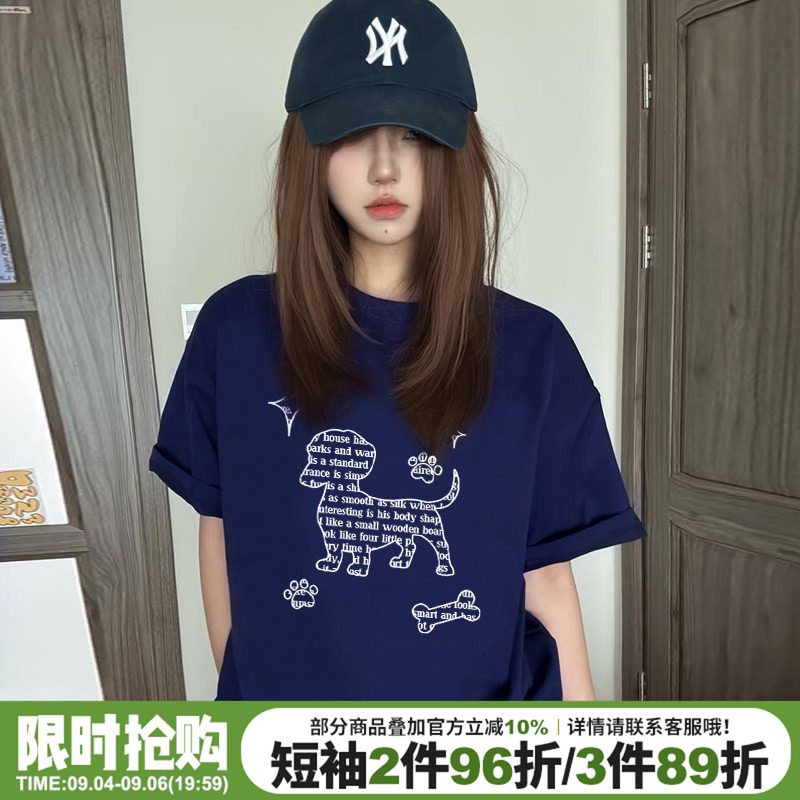 街头风设计感腊肠狗字母印花藏蓝色短袖t恤女宽松显白正肩上衣潮