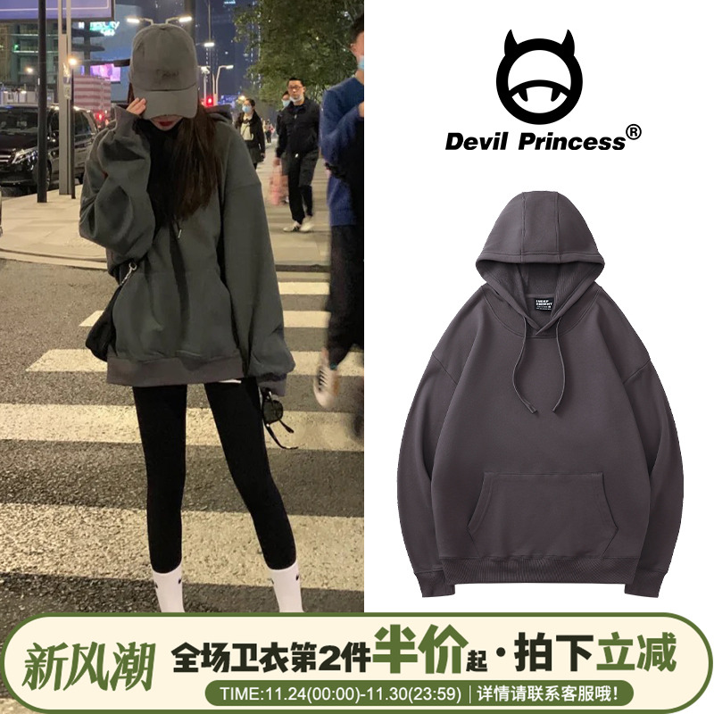 古着初秋季oversize风深灰色卫衣