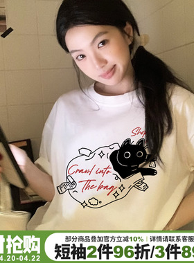 2026春夏新款白色正肩t恤女短袖设计感小猫印花宽松纯棉半袖上衣
