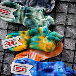 4双扎染短袜男毛巾底船袜纯棉袜子吸汗运动袜低帮篮球袜欧美街头