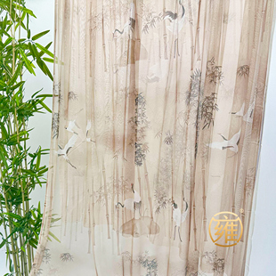 新中式墨竹白鹤画纱幔 半透明布料商场美陈中式婚礼婚庆装饰布幔