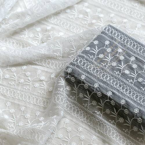 雪纺面料立体刺绣网纱面料白色柔软蕾丝布料服装面料手工diy