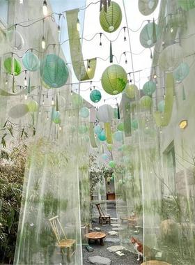 绿色古风场景布置婚庆吊顶环创装饰书法纱茶楼国风纱幔新中式布置