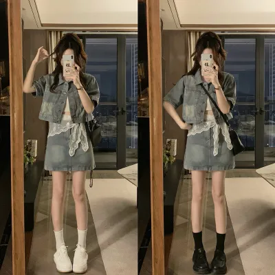 大码女装春季新款韩版时尚套装女胖MM显瘦牛仔外套+半身裙两件套