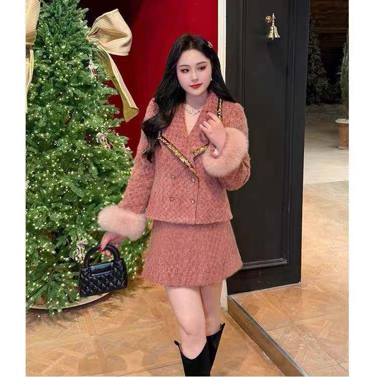 冬季新款毛袖口双排扣套装女气质高级感小香风短款两件套,女装/女士精品,时尚套装,淘宝优惠券,粉丝福利购,淘宝优惠卷