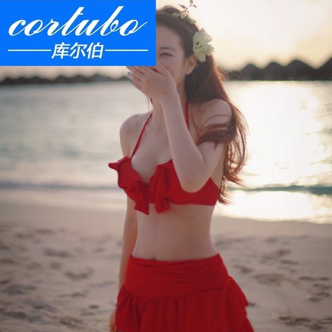 [cortubo库尔伯旗舰店分体泳衣]CORTUBO大红色高腰裙式三件套钢月销量0件仅售722.4元