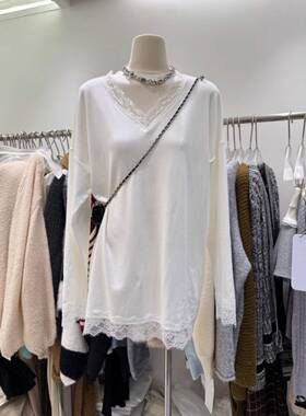 白色蕾丝V领右肩下摆女式宽松内搭德国天长袖t恤拉丝上衣0206zd
