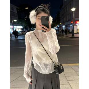 高端精致蕾丝打底衫2026新款高领网纱轻奢叠穿上衣薄0318e