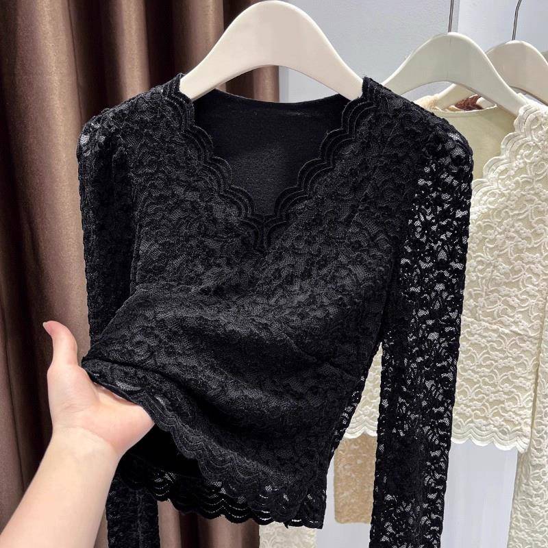 加绒加厚黑色蕾丝提花V领打底衫大码胖修身百搭内搭上衣1127k
