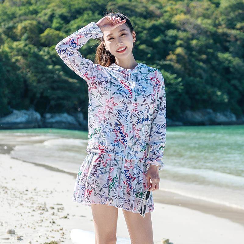 2025新款大码泳衣女分体温泉长袖遮肉显瘦海边保守三件套泳1003c
