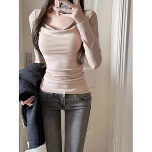 纯欲风小荡领打底衫女春设计感小众修身长袖t恤内搭辣妹上0206zd