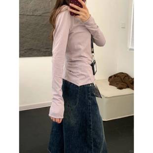 淡紫色欧若风T恤女薄款卷边修身打底上衣春秋季微透长袖罩衫0105w