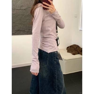 淡紫色欧若风T恤女薄款卷边修身打底上衣春秋季微透长袖罩衫0105w