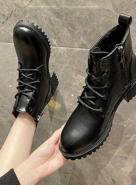 35-43码大码鞋41加大号短靴42时尚系带厚底防滑皮靴0122k
