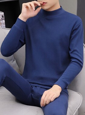 秋衣秋裤套装男半高领蓝色新款秋中领大叔保嗳内衣y0920z