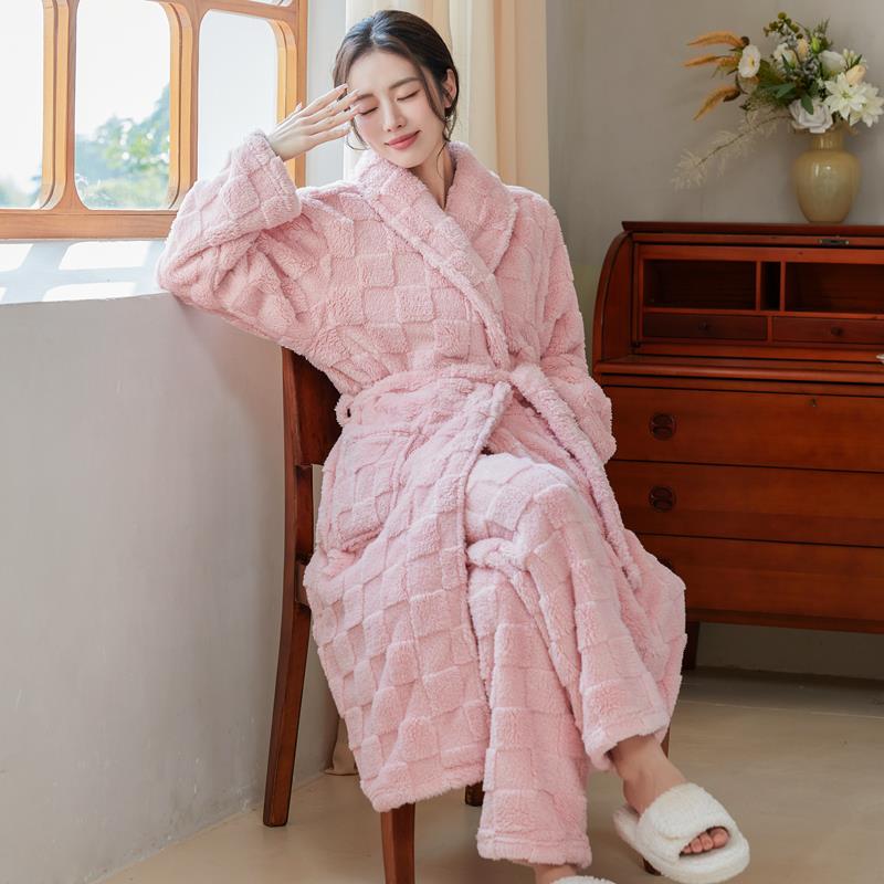 秋冬睡袍女秋冬季加长款家居服粉色加厚两件套睡衣男珊瑚绒1009c