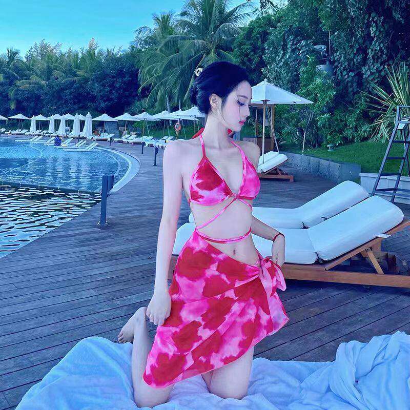 泳衣女风欧美辣妹扎染性感分体比基尼三件套披纱温泉度假泳0414e