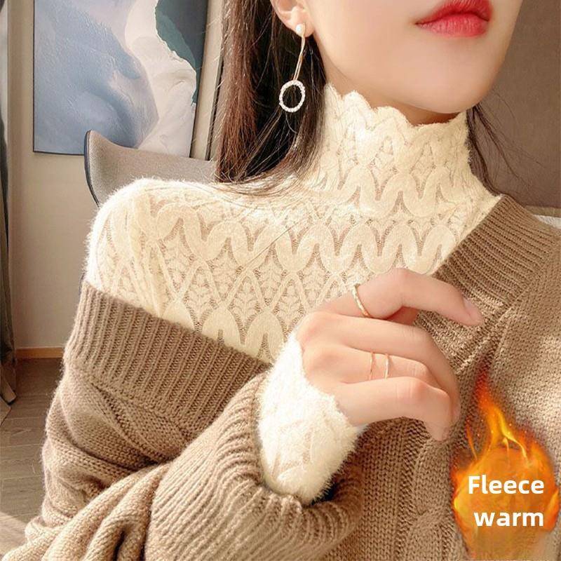 高领蕾丝打底衫女2025秋冬新款洋气内搭磨毛小衫加绒加厚长1027r