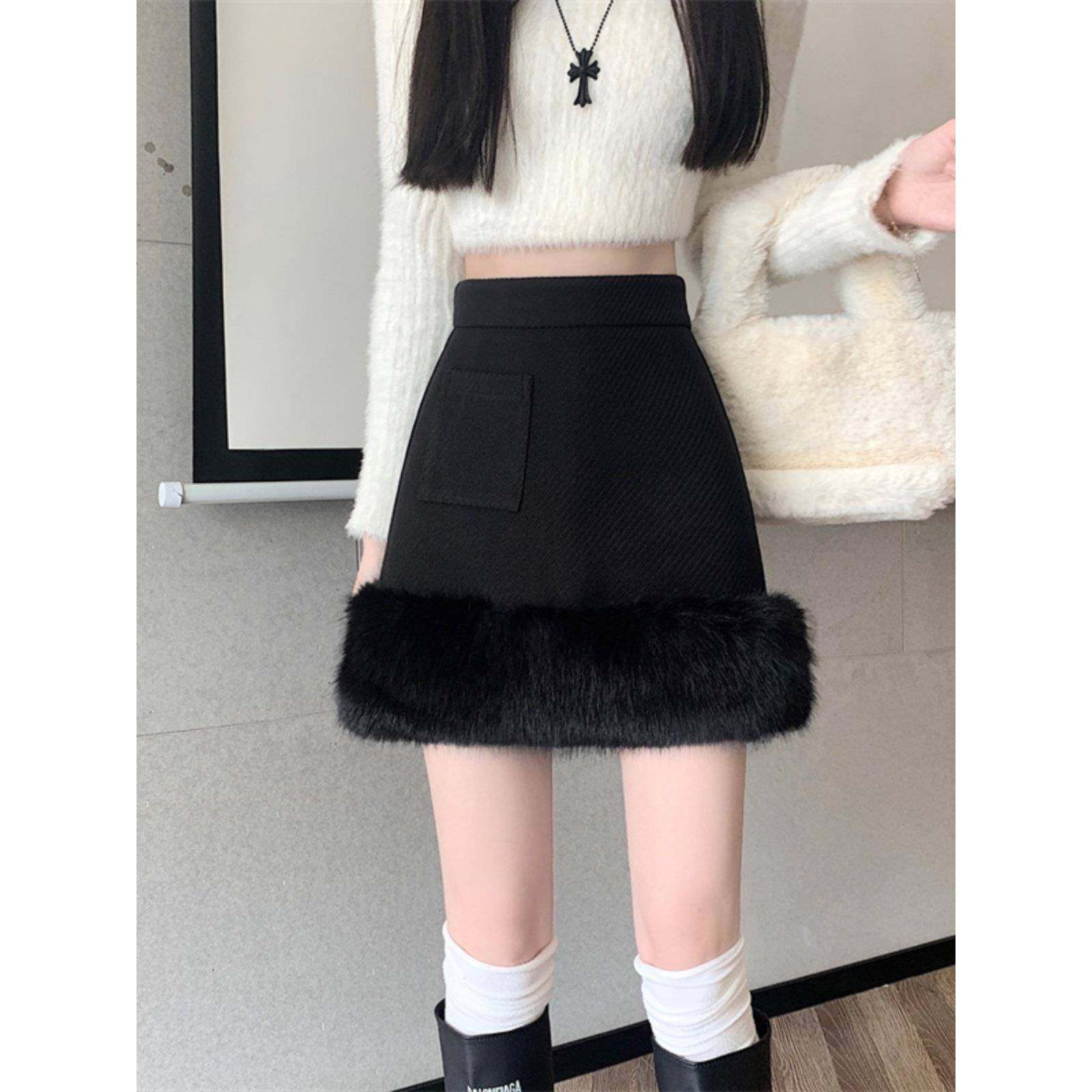 毛呢半身裙女秋冬新款加厚修身a字裙时尚高腰毛毛黑色包臀短0119r,女装/女士精品,半身裙,淘宝优惠券,粉丝福利购,淘宝优惠卷