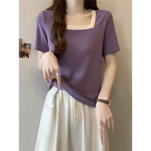t恤女式短袖简单方领加码女装苗条多用途宽0210r
