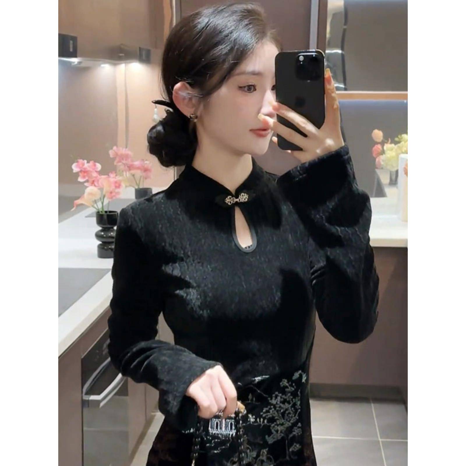 新中式轻国风盘口立领打底衫女内搭可外穿冬黑色修身金丝绒1208w