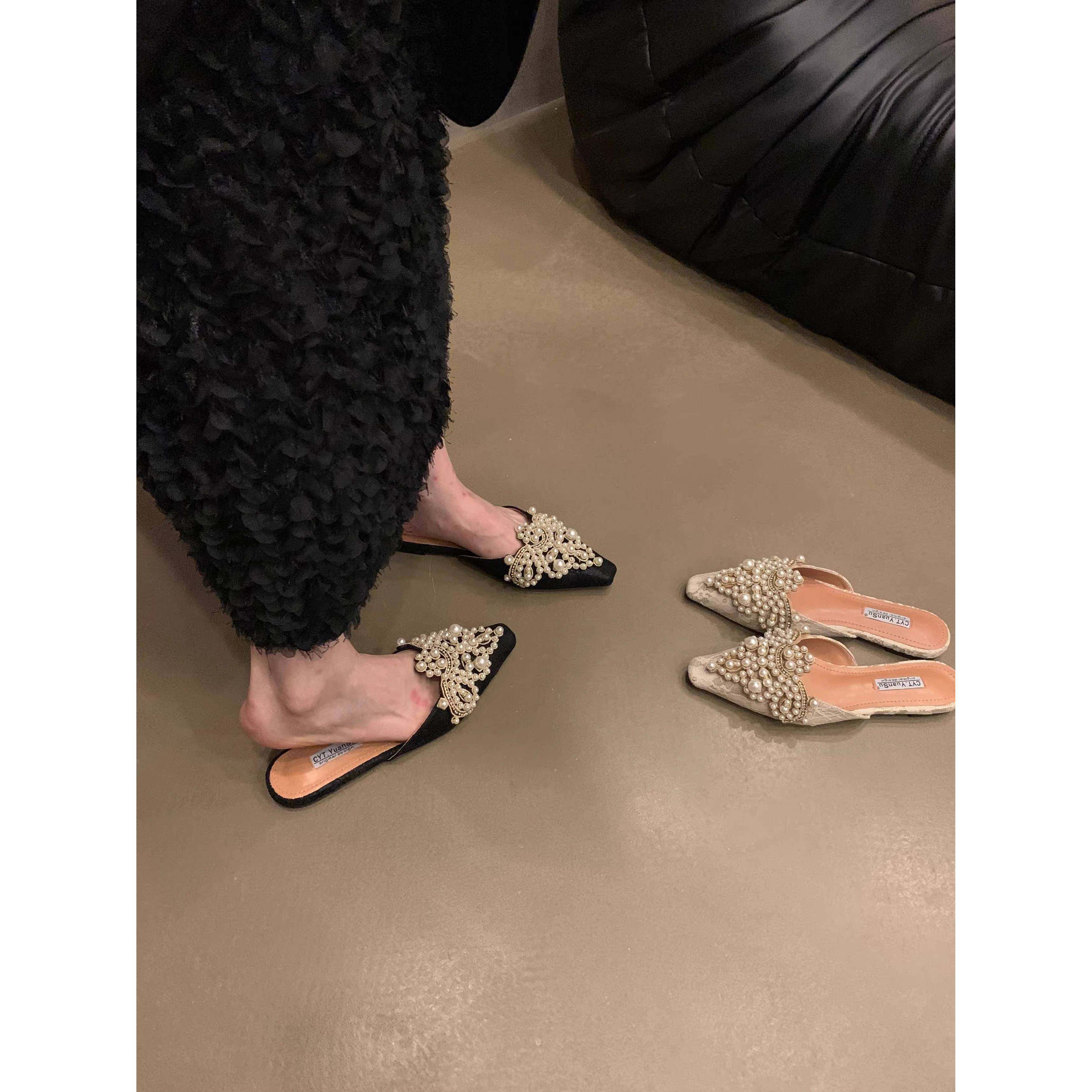 气质国风包头蕾丝女鞋平底尖头半拖鞋女春夏凉拖鞋珍珠水钻0125w,女鞋,时尚休闲鞋,淘宝优惠券,粉丝福利购,淘宝优惠卷