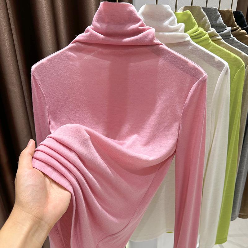 粉色堆堆领打底衫女内搭2025新款秋冬薄弹高领微透薄款上衣1124r
