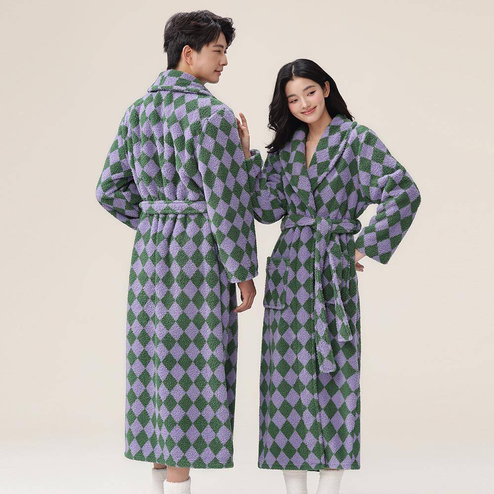 秋冬情侣睡袍女睡衣秋冬新款男浴袍加长法兰绒格子家居服加1009c