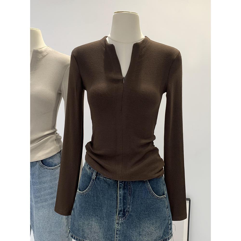 秋冬辣妹风德绒打底衫修身弹上衣内搭女拉链半开领显瘦长袖1211z