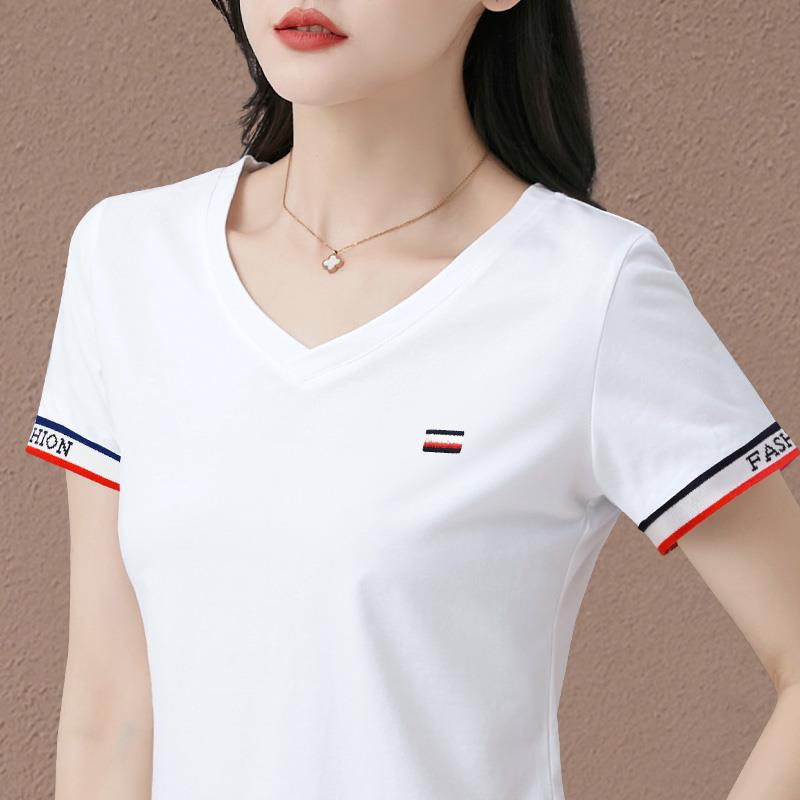 v领短袖t恤女2025年新款夏季女装修身小衫上衣白色半袖体恤0615h