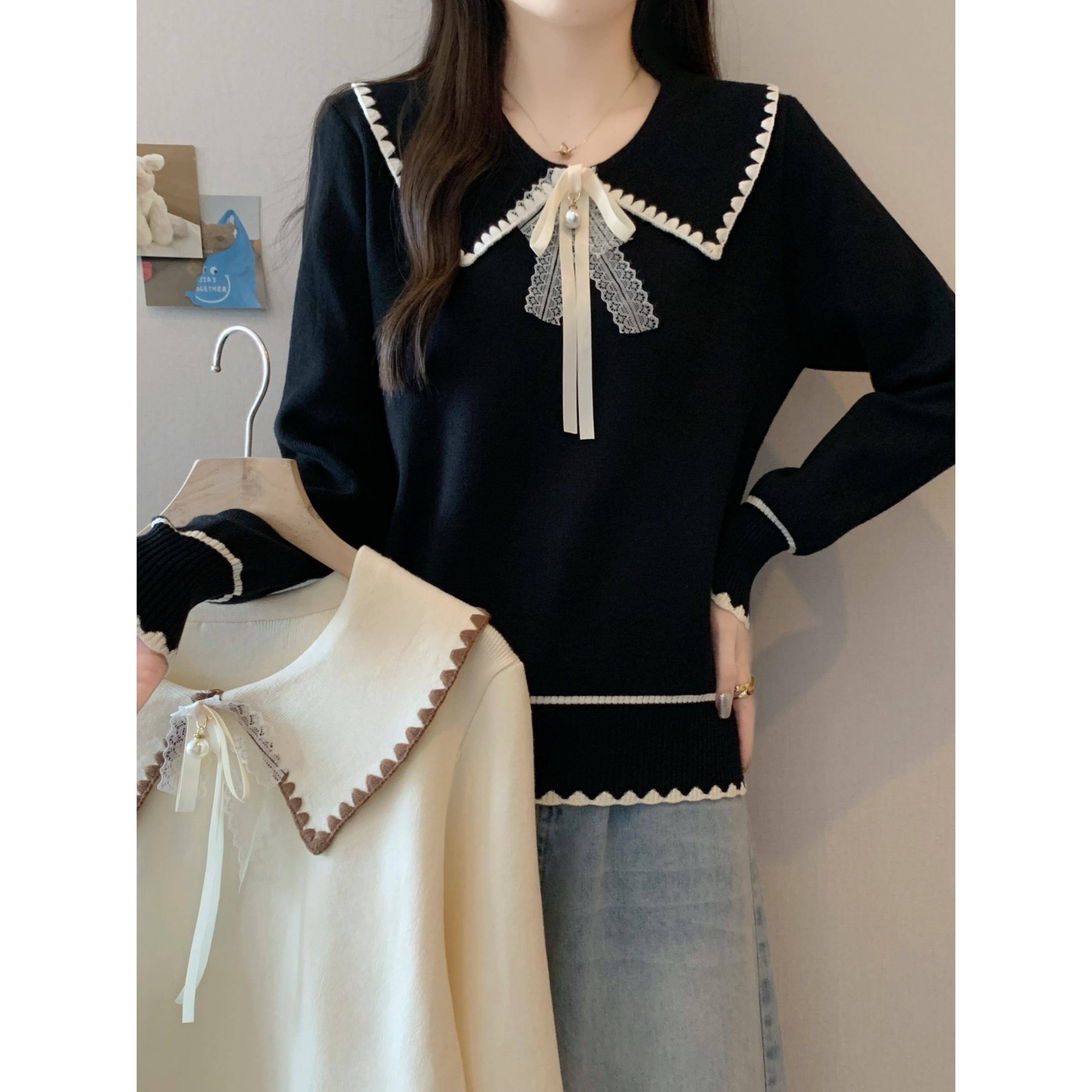 秋冬大码女装娃娃领撞色针织上衣女宽松显瘦减龄毛衣1207z