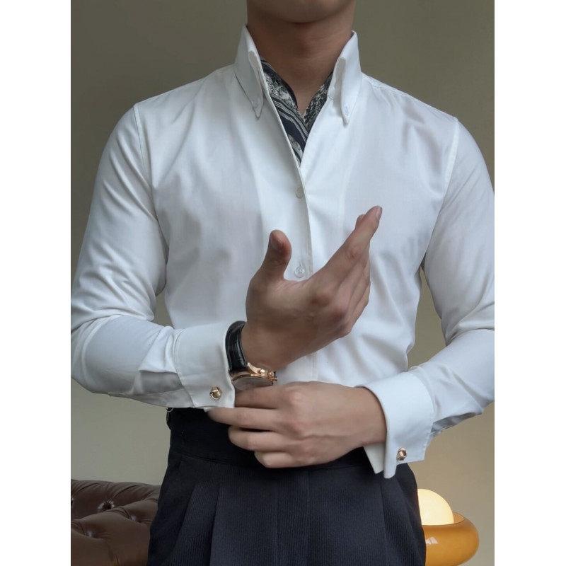 早秋穿搭带袖扣新郎法式V领衬衫男商务宴会结婚礼服西装修身0903e