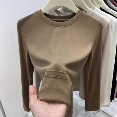 白色圆领打底衫女2026春秋新款磨毛保暖内搭显瘦长袖t恤加绒0113w