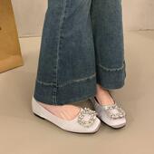 春秋水钻方扣平底单鞋 女2026春夏新款 名媛气质浅口工作方头0206zd