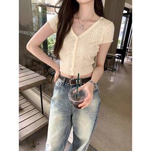 短风格 2026新风格 腰0320w 女士夏季 法国甜美温柔剪裁薄V领针织开衫