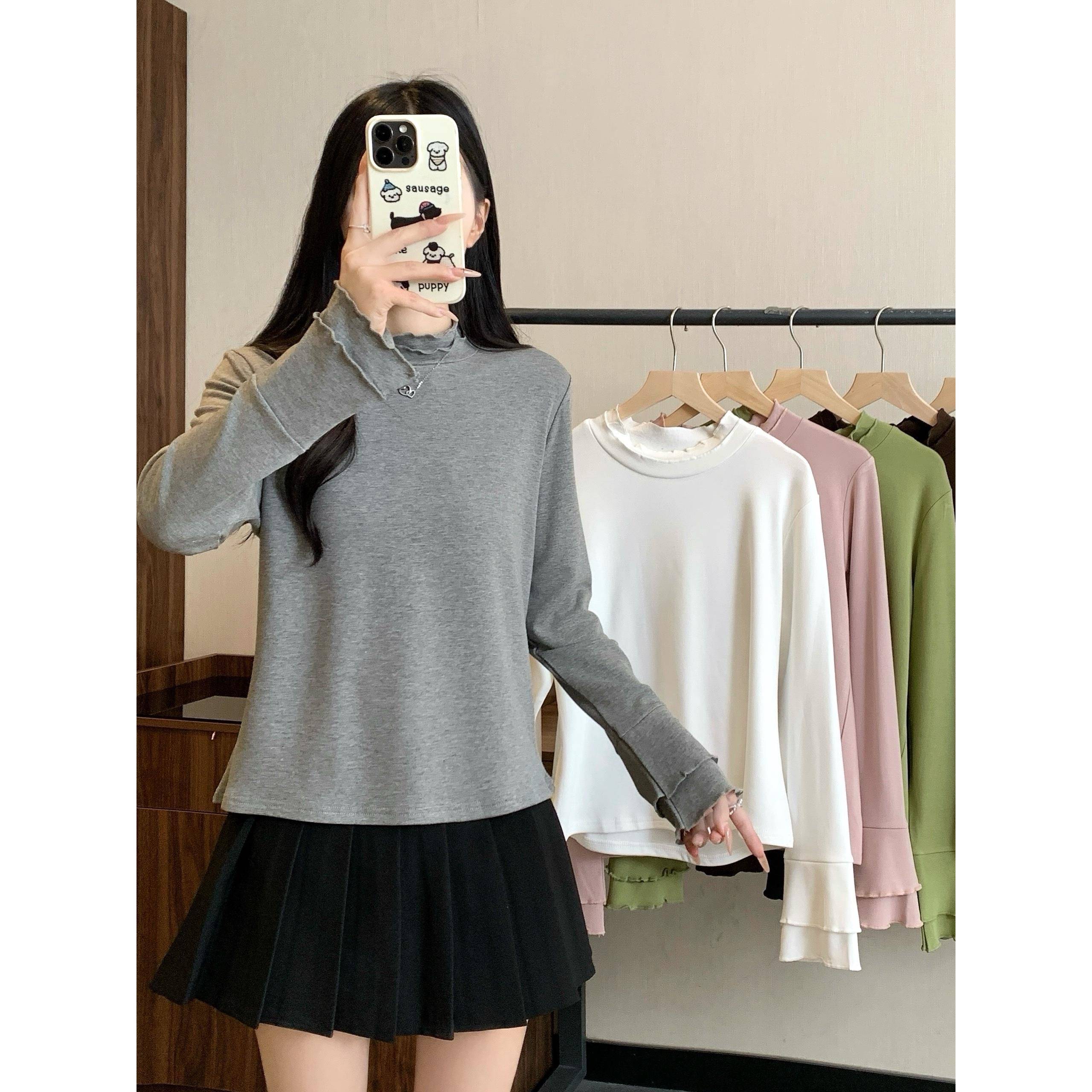 大码木耳边半高领内搭打底衫正肩长袖上衣女冬胖MM遮肉显瘦T1126w